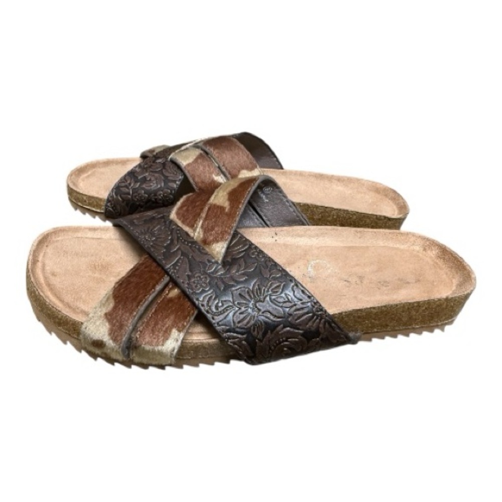 VERY G WOMENS BROWN TOOLED COW HIDE Western Boutique SANDALS Size 8 - Picture 5 of 9